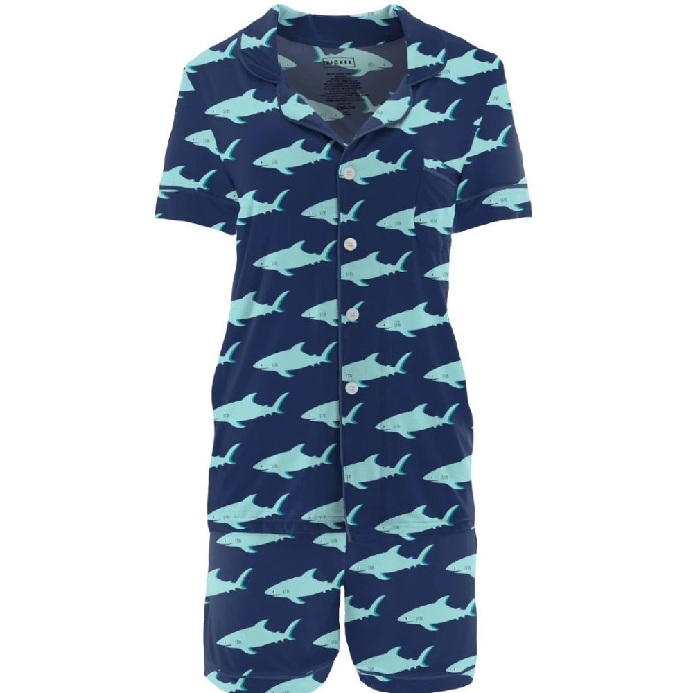 Women's Print Short Sleeve Collared Pajama Set with Shorts in Flag Blue Sharky